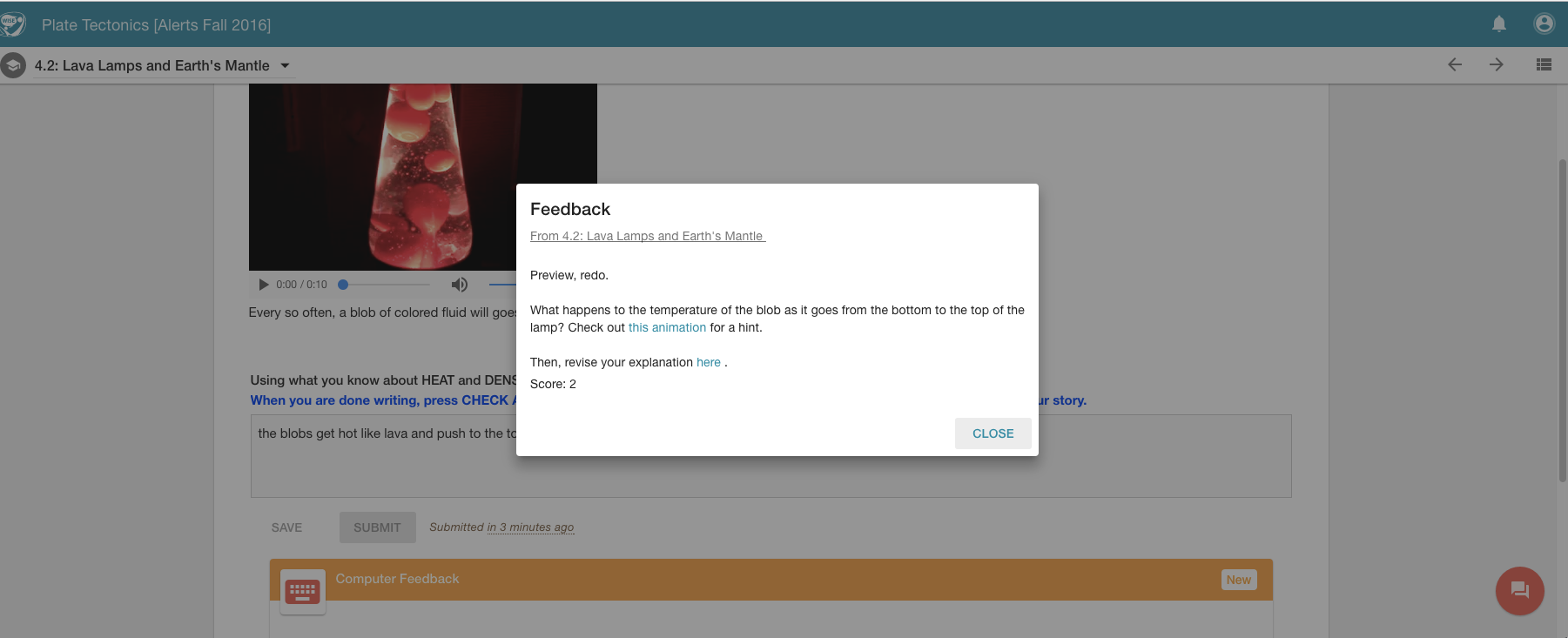 Screenshot of feedback